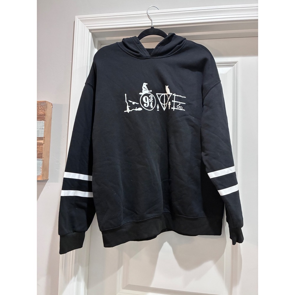 Harry Potter LOVE Graphic Hoodie Black Varsity Stripe Pullover Sweatshirt